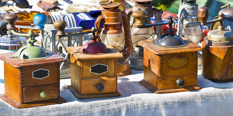 Assorted utensils and decorations sold on a flea market in Amsterdam