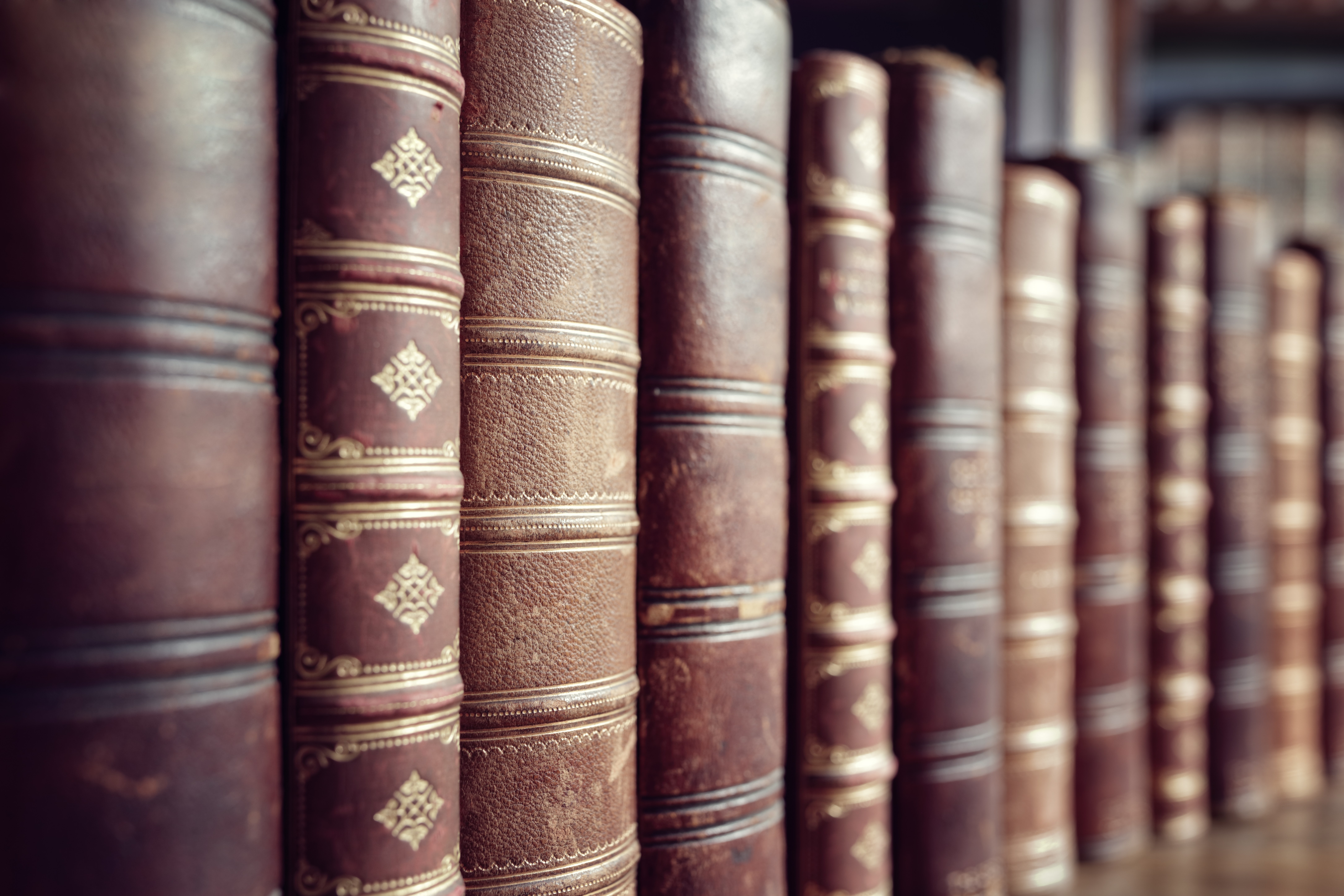 Old leather bound vintage books in a row - Image